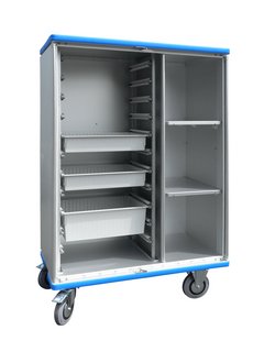 Modular cupboard trolley with  shelves and module trays