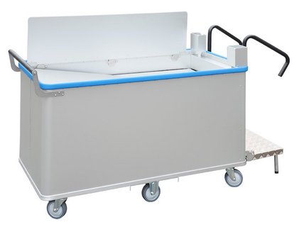 Spring-loaded base trolley with sloping floor, side wall, handle and ladder