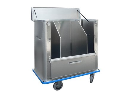 Container trolley with front wall divides into 3 parts and 2 divider walls