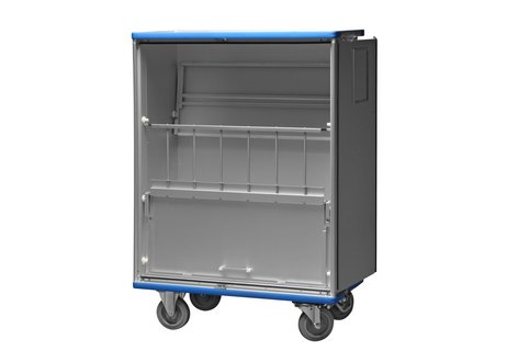 Cupboard trolley with fold-down shelves and retention bar