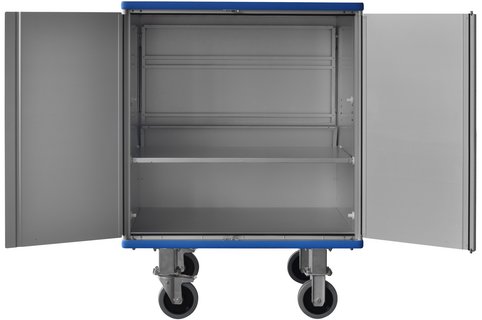 Cupboard trolley with fold down shelves and AGV (swisslog, DS-automation