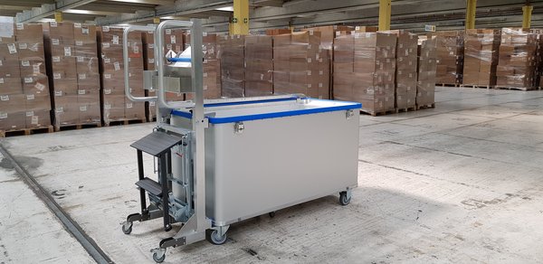 Picking-trolley with spring base, pushing aid, stairs, storage compartment, cup holder and label dispenser